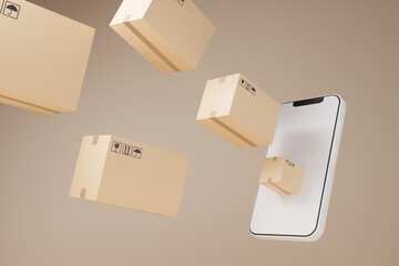 Smartphone blank display with Parcel Box flying delivery. Concept for fast delivery service.delivery and shopping online concept.3D rendering illustration