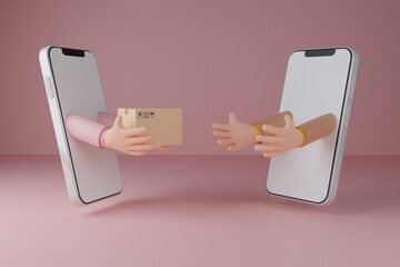Deliveryman hands the parcel box to the customer.Concept for fast delivery service.delivery and shopping online concept.3D rendering illustration