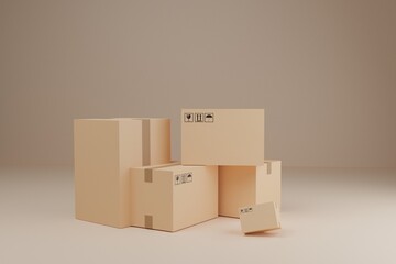 parcel box.Pile of stacked sealed goods cardboard boxes.Concept for fast delivery service.delivery and shopping online concept.3D rendering illustration