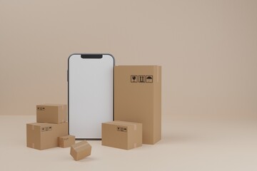 Smartphone blank display with Parcel Box delivery. Concept for fast delivery service.delivery and shopping online concept.3D rendering illustration