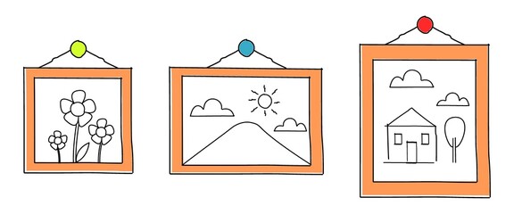 kids painting in brown hanging picture frame on a white background, wood frame illustration