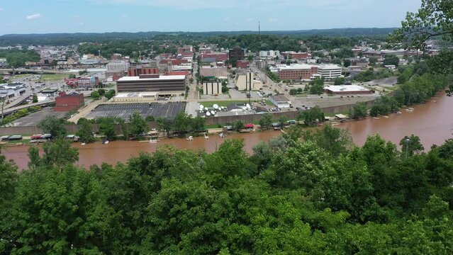 Panoramic Aerial Views Of Parkersburg, West Virginia, WV, At The Confluence Of The Ohio And Little Kanawha Rivers.