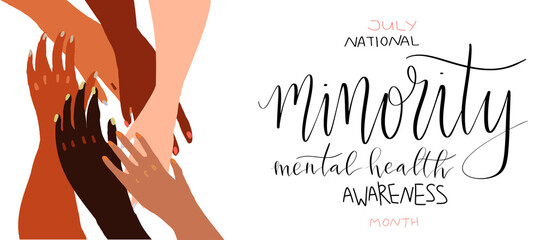 National minority mental health awareness month July poster with handwritten brush lettering