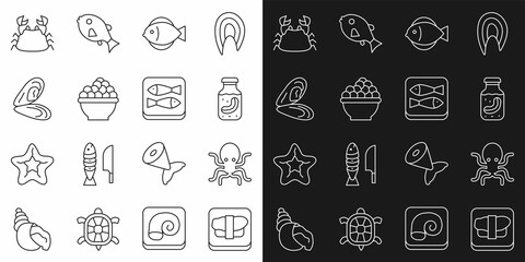 Set line Sushi on cutting board, Octopus, Sea cucumber jar, Fish, Caviar, Mussel, Crab and Canned fish icon. Vector