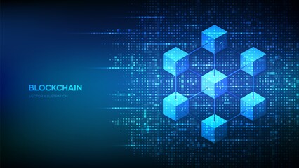 Obraz premium Blockchain technology background made with binary code. Information blocks in cyberspace. Decentralized network. Fintech cryptocurrency. Matrix background with digits 1.0. Vector illustration.