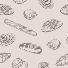 Hand-drawn seamless pattern.Background of the bakery product sketch. Vintage food illustration for a store, bakery,wallpaper, bread house label, menu or packaging design