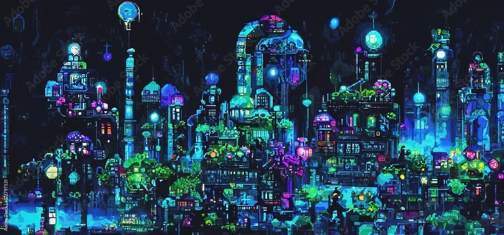 Fototapete fantasy retro futuristic city at night with bright neon lights. pixel art. 3d illustration in a styl