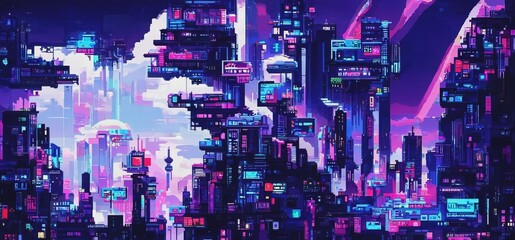 Fantasy retro futuristic city at night with bright neon lights. Pixel art. 3D illustration in a style of computer graphics of 80's.