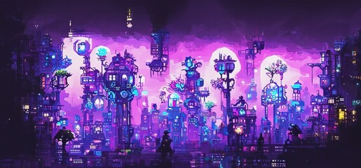 Fantasy retro futuristic city at night with bright neon lights. Pixel art. 3D illustration in a style of computer graphics of 80's.