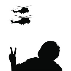 Fototapeta na wymiar Shilouette of Children (Little Boy) Give Peace Hand Sign To Helicopter Attack (Military Vehicles). Visual of the Peace, Stop War, No War or War is Over. Vector Illustration