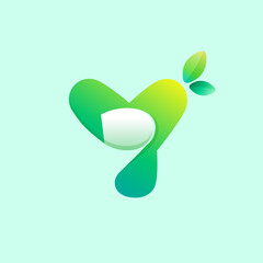 Y letter eco logo with curled corner and green leaves. Negative space style icon.