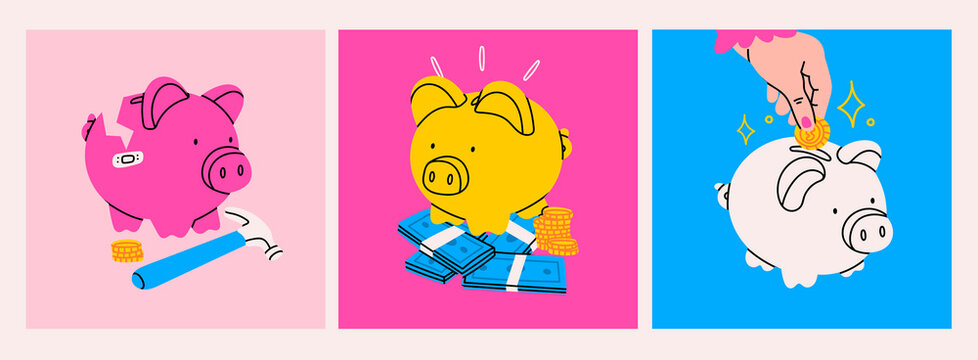 Piggy bank set. Piggy on a stack of money, hand putting coin into piggy bank, broken pig. Earning money, savings, investment, business advertising concept. Hand drawn isolated Vector illustrations