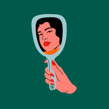 Woman's hand holding mirror reflexing her beautiful face. Lady staring at herself in mirror reflection. Hand drawn isolated Vector illustration. Cartoon flat style. Self love, acceptance concept