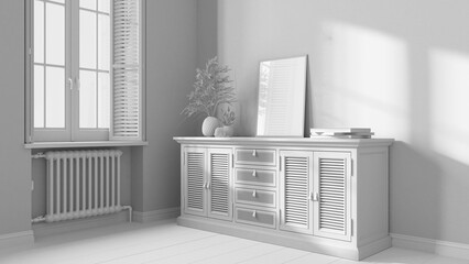 Total white project draft, retro living room with wooden floor. Rattan chest of drawer with decor. Frame mock up. Window with shutters and radiator. Vintage interior design - obrazy, fototapety, plakaty