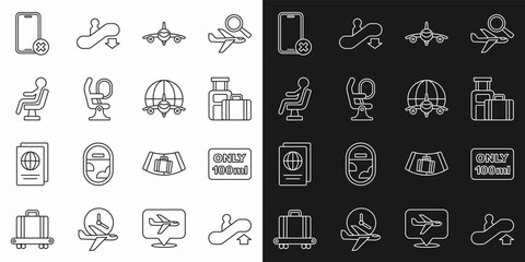 Set line Escalator up, Liquids in carry-on baggage, Suitcase, Plane, Airplane seat, Human waiting airport terminal, No cell phone and Globe with flying icon. Vector