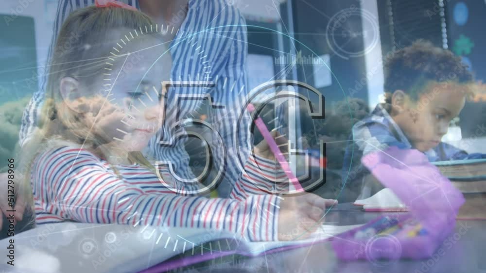 Wall mural Animation of network of connections and 5g text over diverse schoolchildren and teacher in classroom