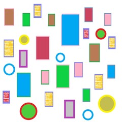 Pattern of multi-colored circles and rectangles with colored strokes on a white background for textile. Dynamic composition of geometric shapes.