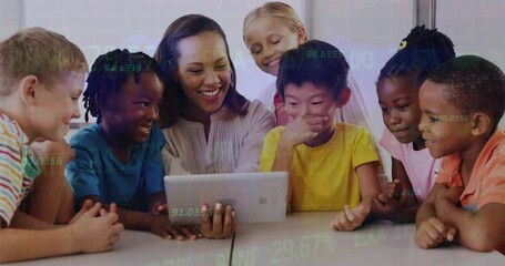 Animation of data processing over diverse schoolchildren and teacher using tablet - Powered by Adobe