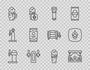 Set line Dispenser beer, Street signboard with Bar, Bottle opener, Beer tap, Glass of, can, and Hop icon. Vector