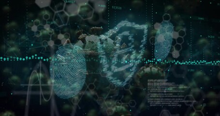 Security padlock icon and fingerprint biometric scanner against data processing and covid-19 cells - Powered by Adobe