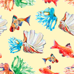 Marine seamless pattern with watercolor fishes, shell and coral.