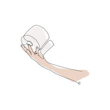 recommend clip art: Continuous one line drawing of hand holding tissue toilet paper roll. toilet supplies concept. Vector illustration