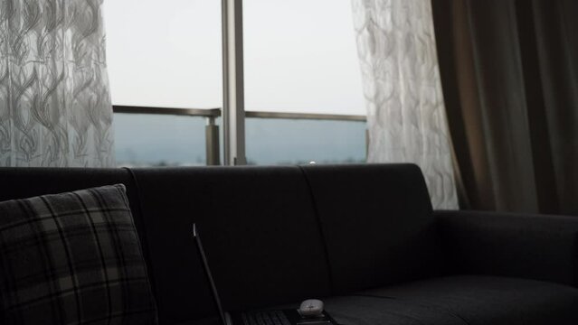 laptop, stands, room, home, window, brick, curtains, dark, sofa, wind, distant, summer, pillows, day, internet, work, living, technology, modern, online, lifestyle, life, house, indoors, couch, comput