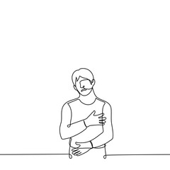 man stands covering his body with his hands - one line drawing vector. concept of a wound or spasms all over the body, internal malaise