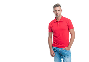 Fototapeta premium charismatic man with grizzled hair in red shirt isolated on white background