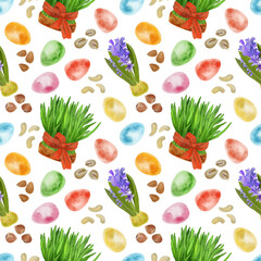 Digital pattern with traditional food, flowers  and items for Nowruz holiday. White background.