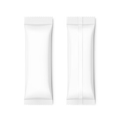 Blank flow pack mockup. Front and rear view. Vector illustration isolated on white background. Ready to place your design. EPS10.	