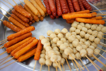 Various meatballs. Skewered meatballs. Thai street food.