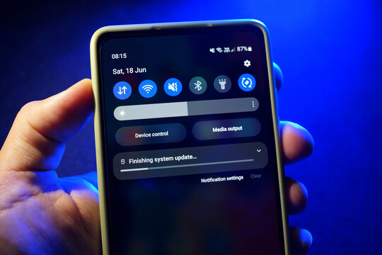 PENANG, MALAYSIA - 18 JUNE 2022: Close Up An Android Phone Screen Showing Software Update. Android Is A Mobile Operating System Developed By Google. Pleasing Defocus Due To The Inclination.