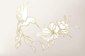 Golden illustration of a hummingbird over a flower. For wedding salons, personal hygiene, beauty salons. Vector. © Iren Art