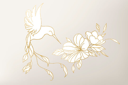 Golden illustration of a hummingbird over a flower. For wedding salons, personal hygiene, beauty salons. Vector.