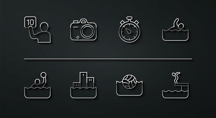 Set line Assessment of judges, Water polo, Swimmer, Winner podium, Photo camera, diving into pool and Stopwatch icon. Vector