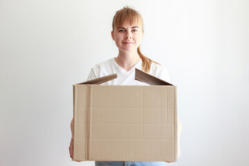 woman with corton box with delivery on white background