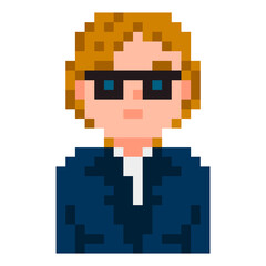Business woman wearing glasses pixel character. Character for video game. Vector, isolated.
