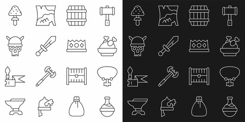 Set line Bottle with potion, Necklace gem, Roasted turkey or chicken, Wooden barrel, Medieval sword, Skull viking helmet, Mushroom and King crown icon. Vector