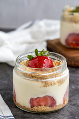 Strawberry magnolia dessert. Magnolia dessert on dark background. World cuisine delicacies. close up