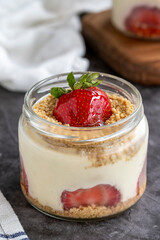 Strawberry magnolia dessert. Magnolia dessert on dark background. World cuisine delicacies. close up
