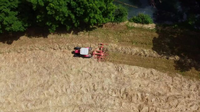 Andain en lisi&egrave;re de for&ecirc;t dans un terrain de campagne. andainage vu du ciel.