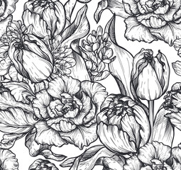 Beautiful hand drawn vector seamless patterns with black and white tulip flowers