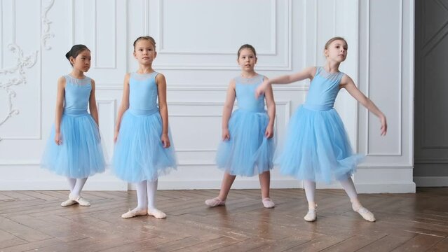 Ballet School. Small ballerinas learn to dance. Beautiful view. 4K