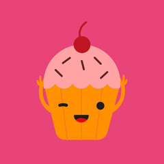 Fun cupcakes with chocolate and cherry. Dessert in kawaii style with smiling faces and winking eyes