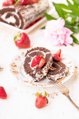 Delicious homemade biscuit slices with summer strawberries for breakfast