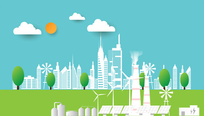 Obraz premium Design for invironment banner, with city and garden, save the planet and energy concept, paper illustration, and 3d paper. 