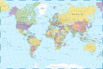 World Map - Color Political - Vector Detailed Illustration