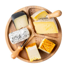 Cheese plate isolated on white background. Pieces of different cheese on wooden tray. Cheese...