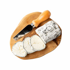 Buche de Chevre with ash. Soft goat cheese on wooden board isolated on white background. Top view.